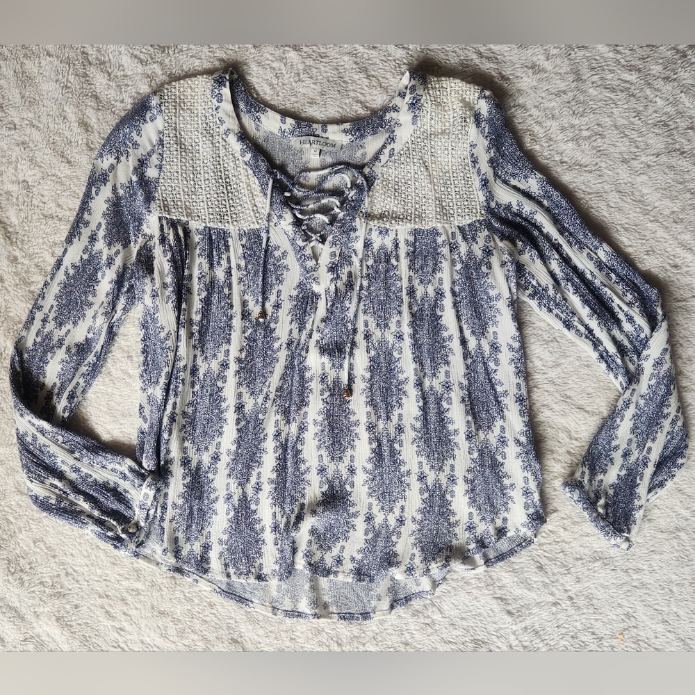 Heartloom Ivory and Navy Lace-Up Blouse